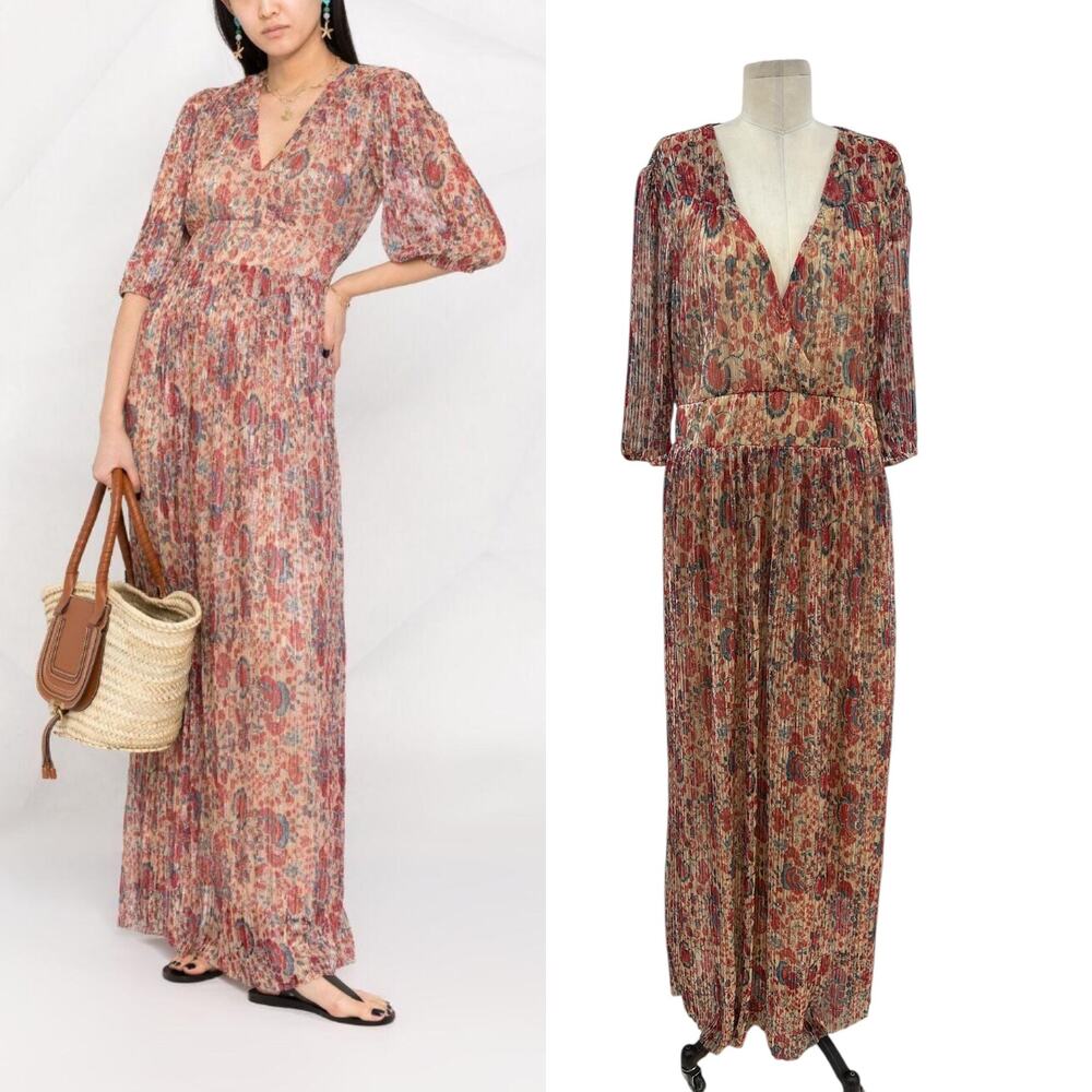 ba&sh Athena Dress Maxi Floral Print Metallic Sparkly Red Blue Size 3 US 8